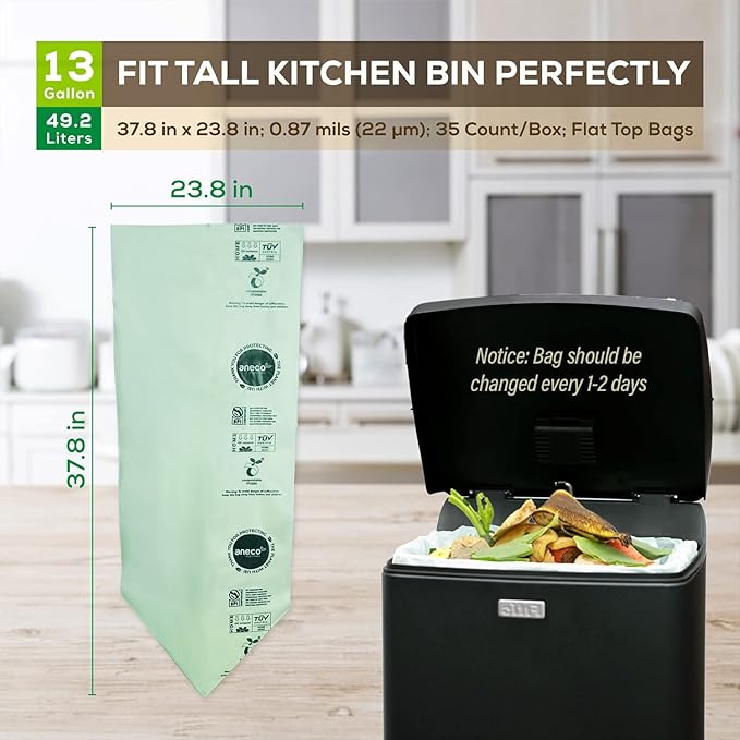 ANECO 100% Compostable Food Waste Bags 13 Gallon, 35 Count, Extra Thick Kitchen Compost Bags, Large Compostable Bags for Tall Kitchen Bin (Pack of 1)