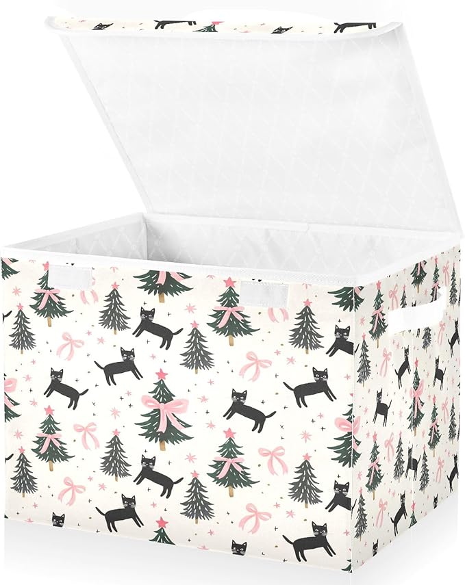 Bolaz Storage Bins with Lids and Handles,Pink Bows Cats Christmas Tree Pattern Storage Box Basket with Cover Collapsible Organizer Containers for Home Closet, Shelves