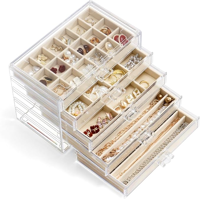 Jewelry Organizer with 5 Drawers Clear Acrylic Earring Display Case Velvet Jewelry Storage Box Display Holder for Earring Ring Bracelet Necklace (Beige, 48 Grids)
