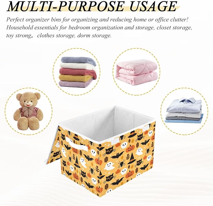 Bolaz Storage Bins with Lids and Handles, Halloween Seamless Pattern Design with Ghost Skull Pumpkin and Cat Storage Box Storage Basket with Cover Collapsible Organizer Containers for Home