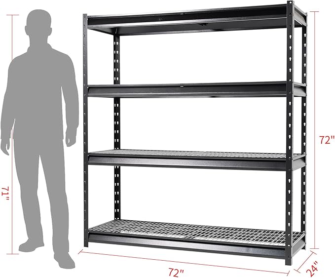 Shuntong The Atlas 72" W Metal Garage Shelving Unit Load 12000 Lbs, 4 Tier Heavy Duty Storage Rack, Adjustable Industrial Shelves for Warehouse Shop Basement, 72" W x 24" D x 72" H, Black