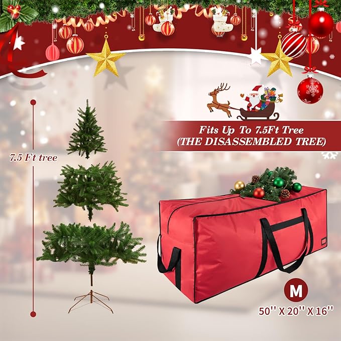 Heavy Duty Christmas Tree Bag 7.5 FT with Dual Zippers and Reinforced Handles Wide Opening, Large Capacity fits for Artificial Christmas Tree, Red