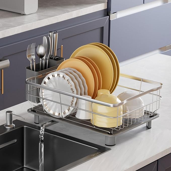 AIDERLY Stainless Steel Dish Drying Rack with Drainboard Dish Drainers for Kitchen Counter Extendable Spout Strainers with Utensil Holder and Knife Slots, Grey