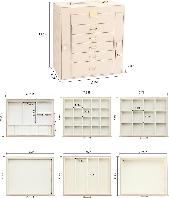 Jewelry Storage Box, Jewelry Organizer with 22 Necklace Hooks, Large Jewelry Box for Ring Bracelet Necklace Earrings (Apricot)