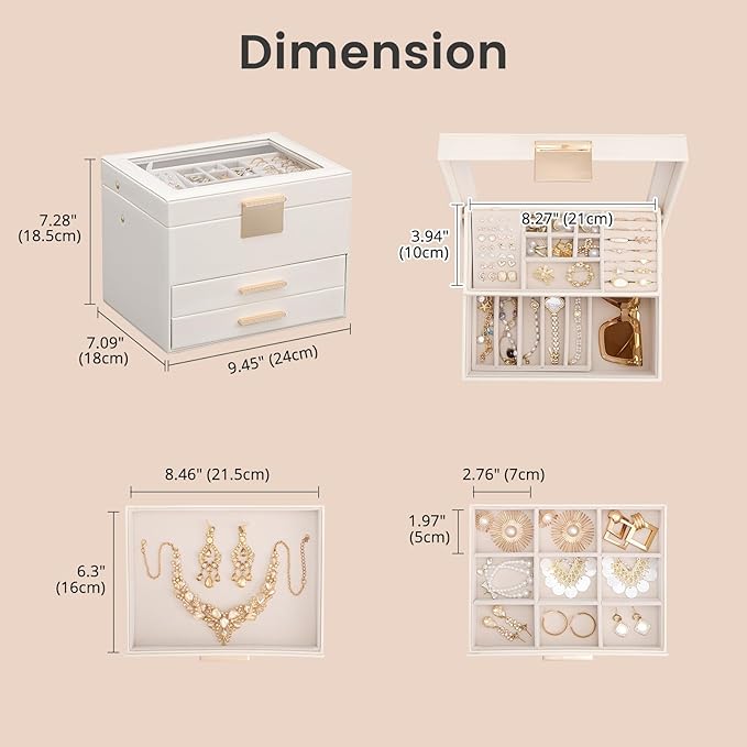 Lolalet Jewelry Box, Clear Window Jewelry Organizer with Drawer for Earrings Bracelets Necklaces Rings, Jewelry Storage for Women -White, 4 Layers