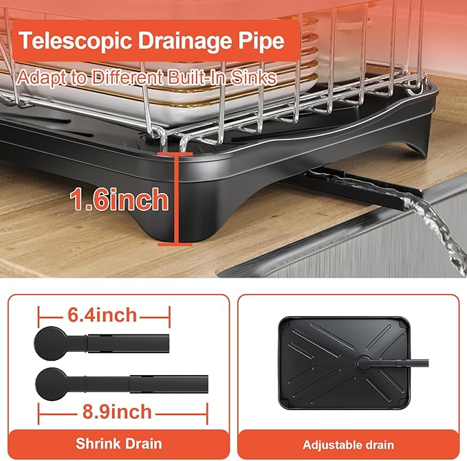 HOMEAILIE 2-Tier Dish Drying Rack for Kitchen Counter, 304 Stainless Steel with Adjustable Drainboard, Removable Utensil Holder & Water Filter Tray, Black