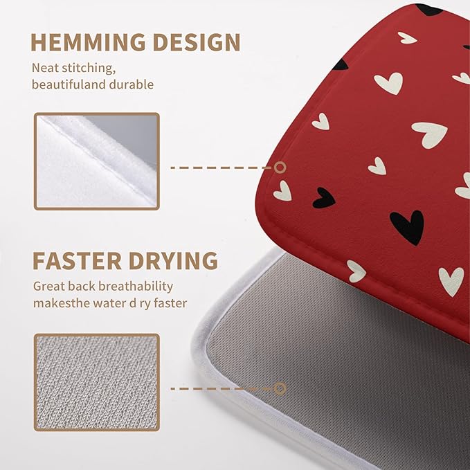 Wnoesat Valentine Dish Drying Mat for Kitchen Counter Valentines Day Red Black Love Heart Holiday Drying Mats Absorbent Microfiber Dish Draining Mat Medium Dish Rack Pad 16x18 Inch