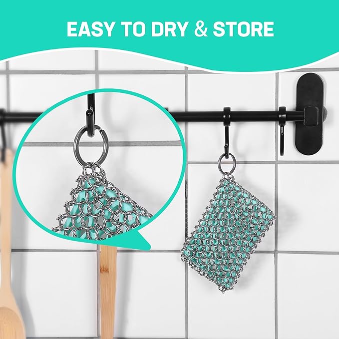 HAUSHOF Cast Iron Scrubber, Chainmail Scrubber with Silicone Core, Premium Cast Iron Cleaner for Skillet, Pan, Dutch Oven