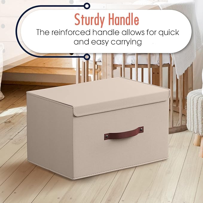 Ornavo Home 6 Pack Collapsible Storage Bins with Lid, Foldable Linen Fabric Shelf Storage Basket Closet Organizer and Large Storage Box for Clothes with Leather Handles, 16.5 x 11.8 x 7.5, Beige