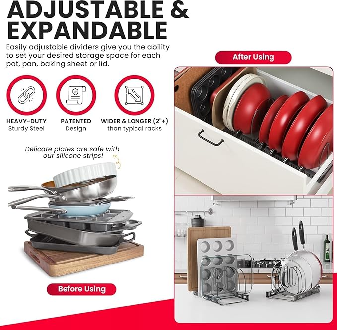Better Things Home 12-Slot Adjustable Pan and Pot Lid Organizer with Scratch-Free Pads, Expandable Pot Lid Holder Rack for Cabinet, Pots and Pans Organizer Inside Cabinet