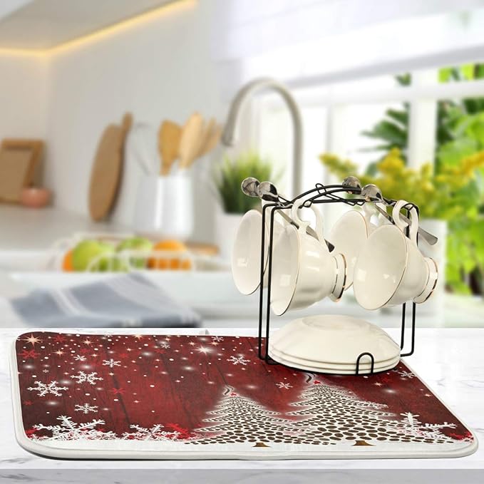 Christmas Tree Dish Drying Mat 16x18 inch Xmas New Year Snowflake Wooden Dish Drainer Kitchen Counter Mats Bottles Dish Dry Pad Protector for Kitchen Countertops