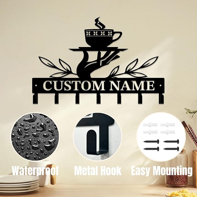 Personalized Custom Name Coffee Bar Wall Keys Hooks,Metal Coffee Shop Art Clothes Hooks,Metal Coffee Lover Wall Home Storage Decorative,For Front Door, Hallway, Kitchen, Bedroom,Keys,Hats (Style C)