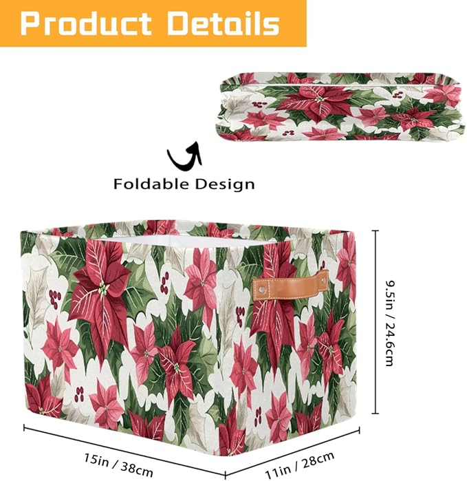 Storage Baskets Bin, Christmas Winter Poinsettia Collapsible Canvas Fabric Storage Bin Decorative Baskets Toy Organizer Rectangle Storage Boxes with Handles for Home Shelves Nursery, J-002