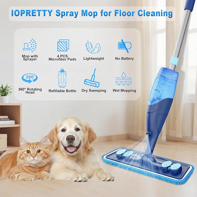 IOPRETTY Microfiber Hardwood Floor Mop - Wet Dry Spray Mop with 4 Washable Pads for Tile Wood Laminate Vinyl Marble Home Kitchen - 500+ ML Refillable Bottle Dark Blue