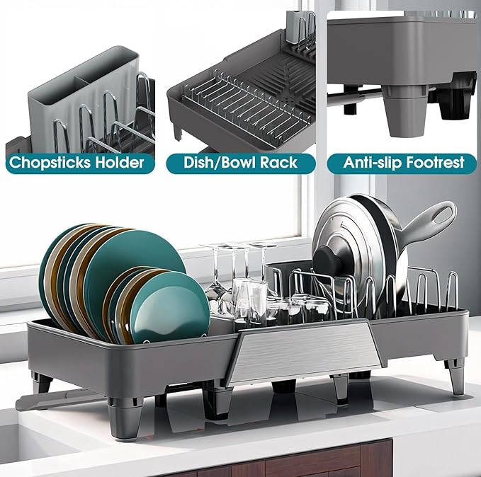 FOXHIVE Large Expandable Dish Drying Rack, Dish Racks for Kitchen Counter, Space Saving & Rust Resistant Dish Drainer with Removable Drainboard & Utensil Holder, Adjustable Length 16.4 to 24.4 Inches
