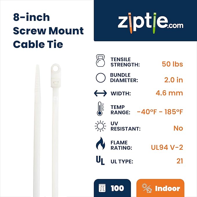 ZipTie.com 8-Inch Natural Zip Ties With Screw Hole - 50-lb Tensile Strength Cord Management & Secure Mounting - UL 21 Listed Tie Wraps - Indoor & Outdoor Multi-Purpose (100-Pack)