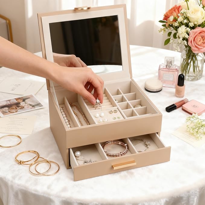 Elegant Gift Jewelry Box with Mirror - 3-Layer Organizer for Earrings, Rings, Necklaces, Ready to Give for Birthday Anniversary Christmas Apricot