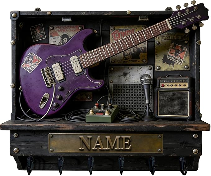 Personalized 2D Flat Print Guitar Stand Themed Wall Mounted Hooks for Music Lovers Family Friends Custom Rock Electric Guitar Coat Rack Music Themed Key Storage Holder for Living Room Hallway Office