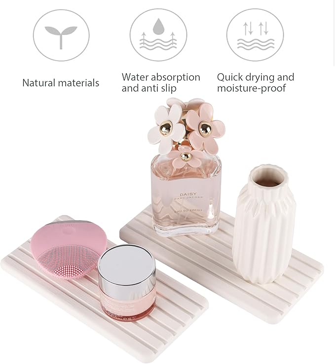 NiuYichee 2 PCS Water Absorbent Diatomite Coasters Rectangle, Grooved Design, Water Absorbing Stone Used for Hand Soaps & Plants & toiletries in The Modern Home