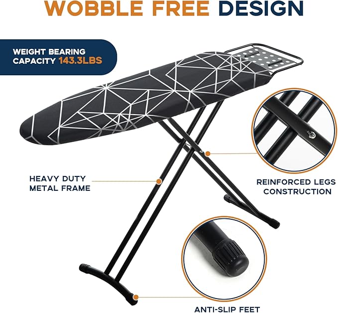 RAINHOL Ironing Board 43x13, Compact Iron Board Full Size with Heavy Duty Iron Rest, Thick Padded Cover, Adjustable Height, Sturdy Lightweight Steel Legs, Black