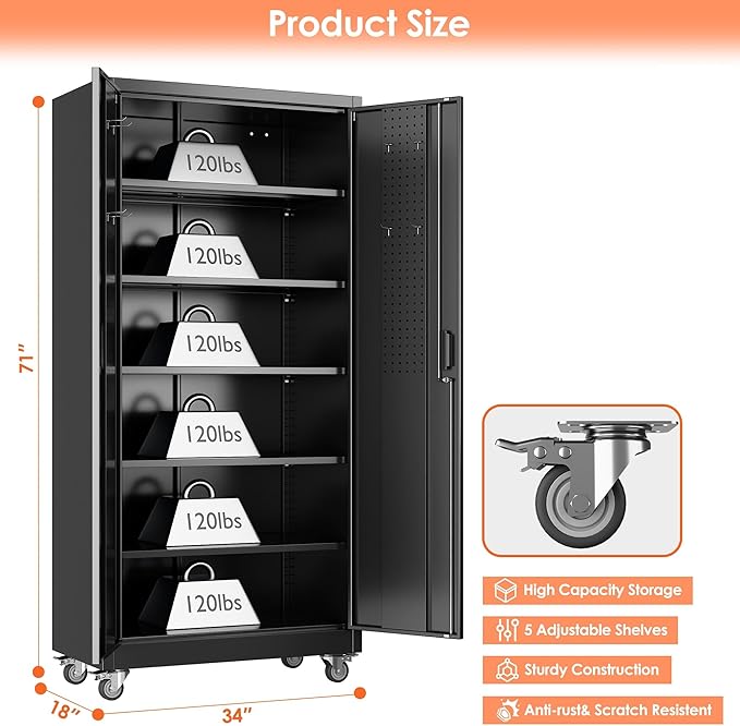 Upgraded Metal Storage Cabinet with Pegboard,71" H Garage Storage Cabinet with Wheels and 5 Shelves,for Garage,Home Office,Required Assembly,Black