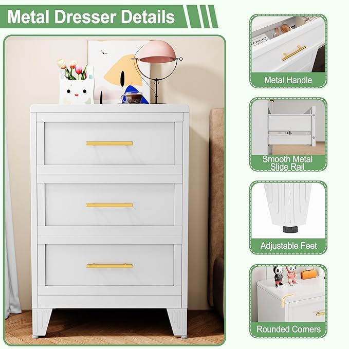 Metal Dresser Narrow Dresser for Bedroom Chest, 35.43" H Drawer Chest, Closet Dressers & Chests of Drawers for Living Room, Hallway (3 Drawers White 24inch Wide)