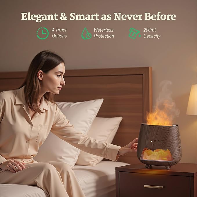 Essential Oil Diffuser for Home: 200ml Aromatherapy Diffuser with Himalayan Pink Salt Rock, Cool Mist Humidifier with Auto Off Function and 9 Colors LED Night Light for Bedroom, Black