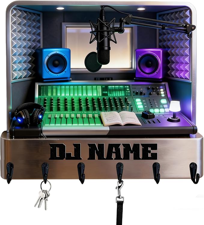 Custom 2D Flat Print Designed Wall Hooks with a Music Producer Theme Personalzied Musician Names Key Storage Holder Radio Station Coat Rack Home Decor Gift for Culb Living Room Hallway Bedroom