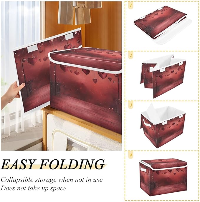 Bolaz Storage Bins with Lids and Handles,Valentine Background Dark Heat Storage Box Storage Basket with Cover Collapsible Organizer Containers for Home Closet, Shelves
