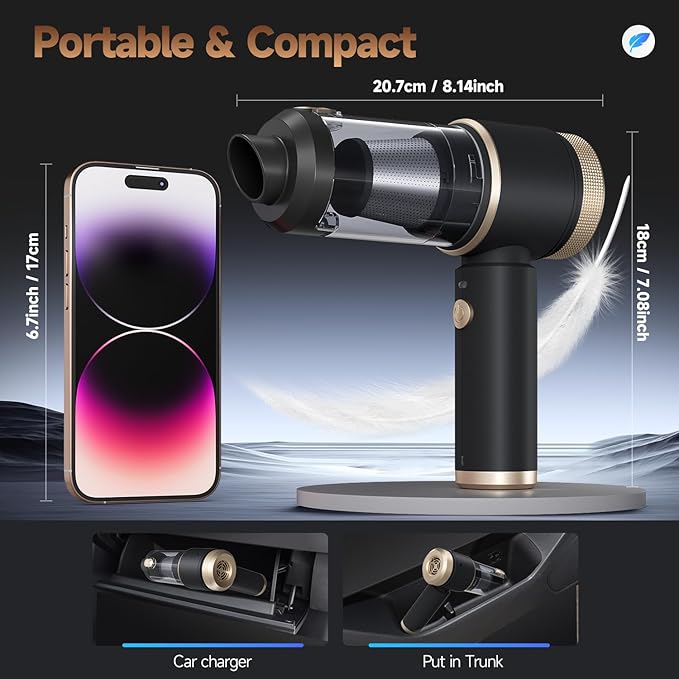 Ytnewin Car Vacuum Portable Cordless,16000PA Strong Suction Handheld Car Cleaner with Dual HEPA Filters,LED Light,Type-C Charging Mini Vacuum, One-Click Empty Compact for Home Cleaning and Office