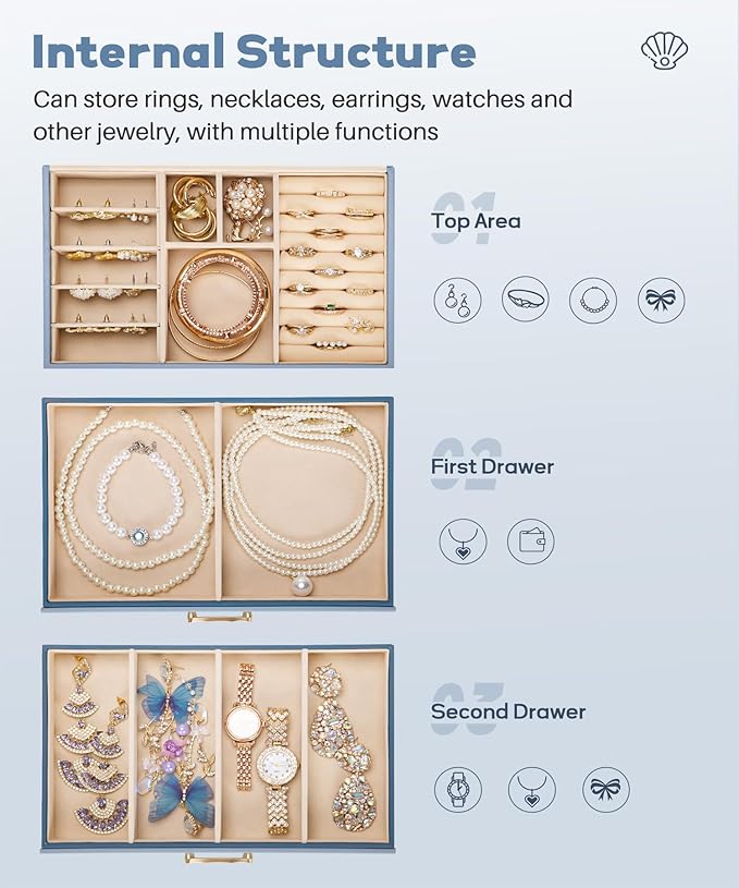 Jewelry Box with 2 Drawers: Jewelry Display Organizer for Earrings Necklaces - Gifts for Girls Women (Grey Blue)