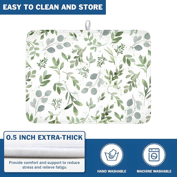 ABSOP Spring Summer Sage Green Leaves Dish Drying Mat 18 x 24 Inch Spring Eucalyptus Leaf Dish Drainer Rack Mat Absorbent Microfiber for Holiday Kitchen Coffee Dining Bar Decor