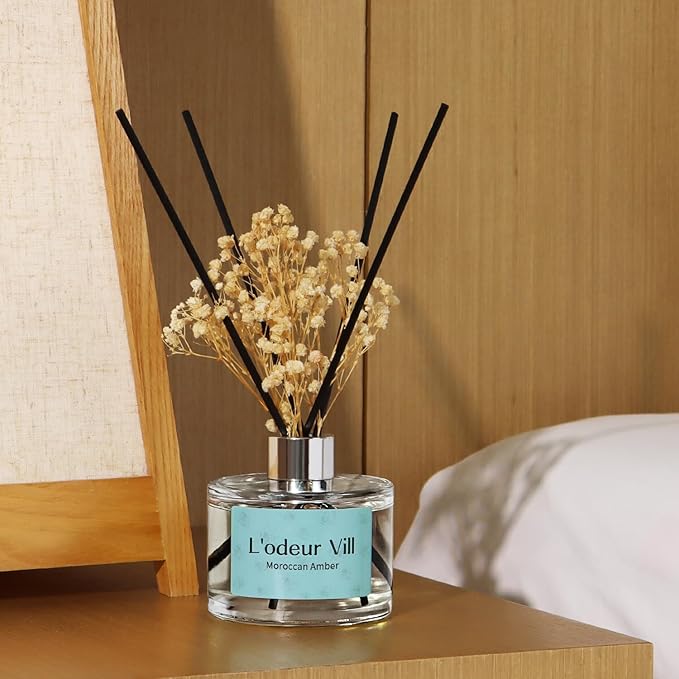 L'odeur Vill Reed Diffuser Set, 6.7 oz(200ml) Moroccan Amber Scented Diffuser with 6 Oil Diffuser Sticks, Home Fragrance Essential Oil Reed Diffuser for Home Large Rooms Bathroom Shelf Decor