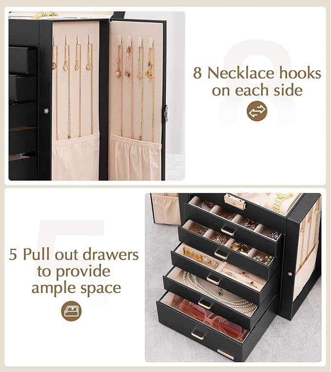 Homde Jewelry Box Large for Women: 6 Layers 5 Drawers Organizer with Mirror for Ring Earring Necklace - Storage Holder with Lock for Dresser (Black)