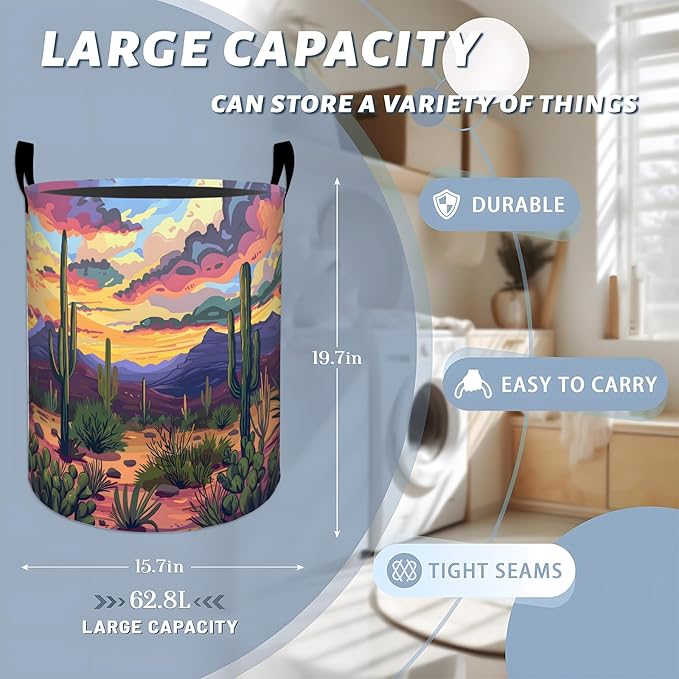 Cactus Laundry Basket with Handles, 19.7"x15.7" Clothes Foldable Colorful Sunset Desert Landscape Laundry Hamper Organizer for Dorm Nursery Bedroom Bathroom Decor, Toy Storage Bin for Kids