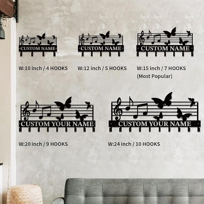 Personalized Custom Music Wall Hooks,Metal Music Room Art Clothes Hooks,Metal Music Wall Home Storage Decorative,For Front Door, Hallway, Kitchen, Bedroom,Keys,Hats (Style E)