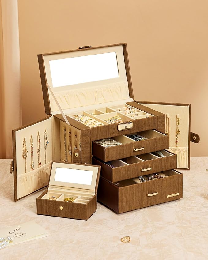 Homde 2 IN 1 Jewelry Box for Women Girls with Small Travel Case Mirror Necklace Ring Earrings Organizer (Brown + Gold)