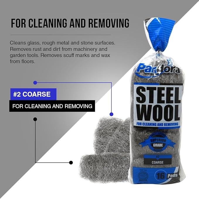 Pandora Steel Wool #2 – Coarse Grade, 32 Pads for Cleaning and Removing - Metal Strands - Ideal to Remove Floor Scuff Marks and Old Wax