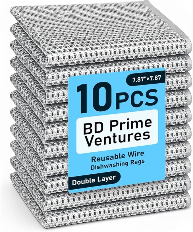 BD Prime Ventures Wire Cleaning Cloths, 10-Pack Multipurpose Dishwashing Rags, Reusable Kitchen Scrubber, Effective Dishcloth Rag for Cookware (Silver)
