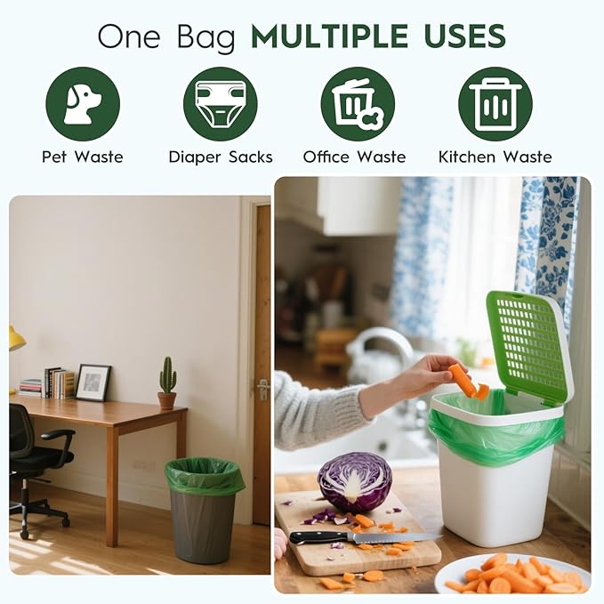2.6-3 Gallon Compostable Trash Bags with Handles 80 Count 0.67 Mil 11.36 L Small Kitchen Wet Food Scrap Waste Compost Bag for Countertop Bin ASTM D6400 US BPI and OK Compost Home Certified