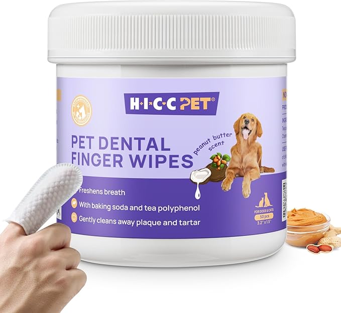 HICC Pet Teeth Cleaning Wipes for Dogs & Cats, Remove Bad Breath by Removing Plaque and Tartar Buildup No-Rinse Dog Finger Toothbrush, Disposable Gentle Cleaning & Gum Care Pet Wipes, 50 Counts