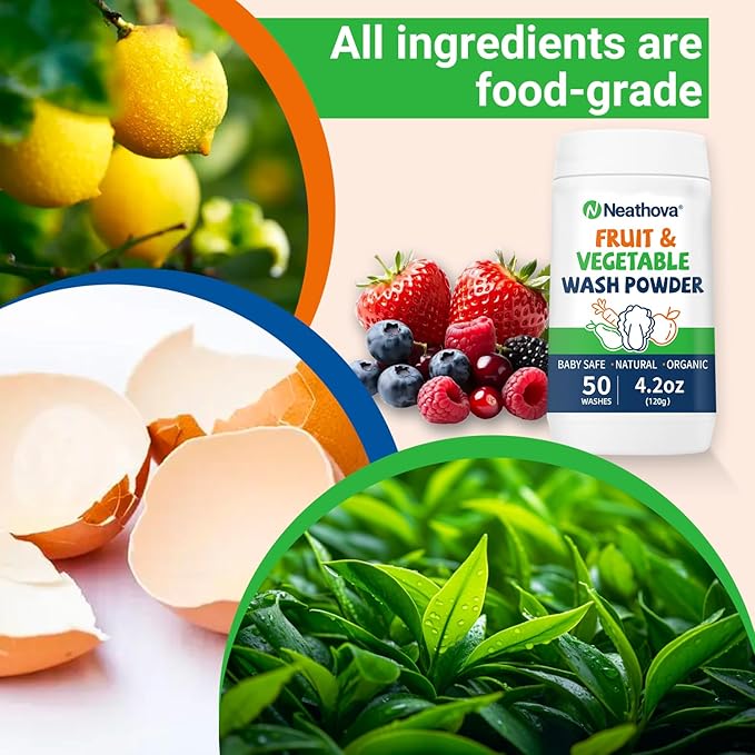 Fruit & Veggie Wash Powder, Natural Organic Produce Cleaner for Pesticides & Wax Removal, Gentle Enough for Baby Food, Fruit vegetable wash,Single Ingredient, 50 Washes, 4.2oz (120g)