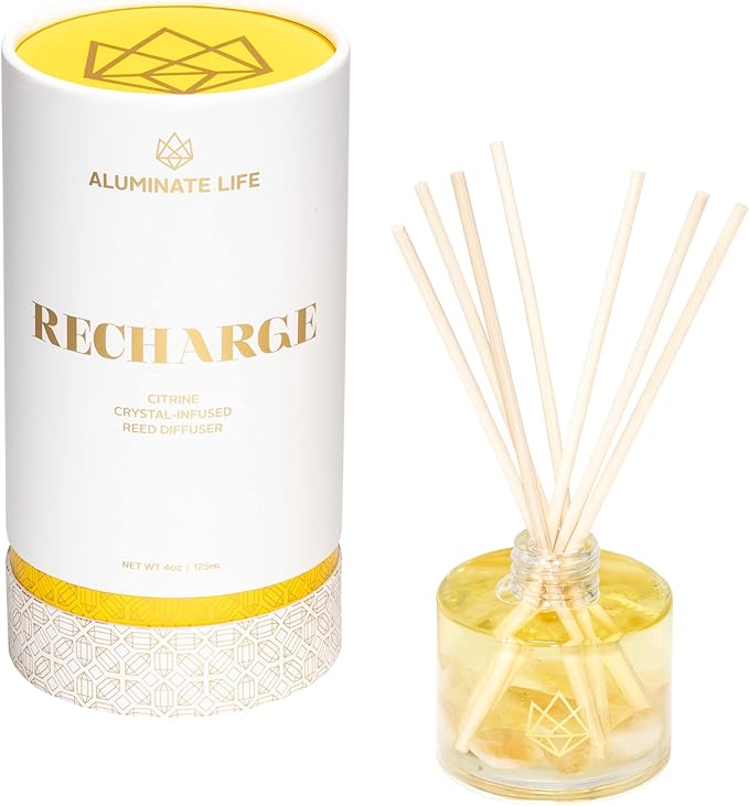 Citrine Crystal Infused Reed Diffuser, 4 OZ, Recharge - Scents of Lemongrass, Geranium & Basil for Inspiration & Creativity - Perfect for Meditation Spaces, Yoga Studios, Bedside Tables