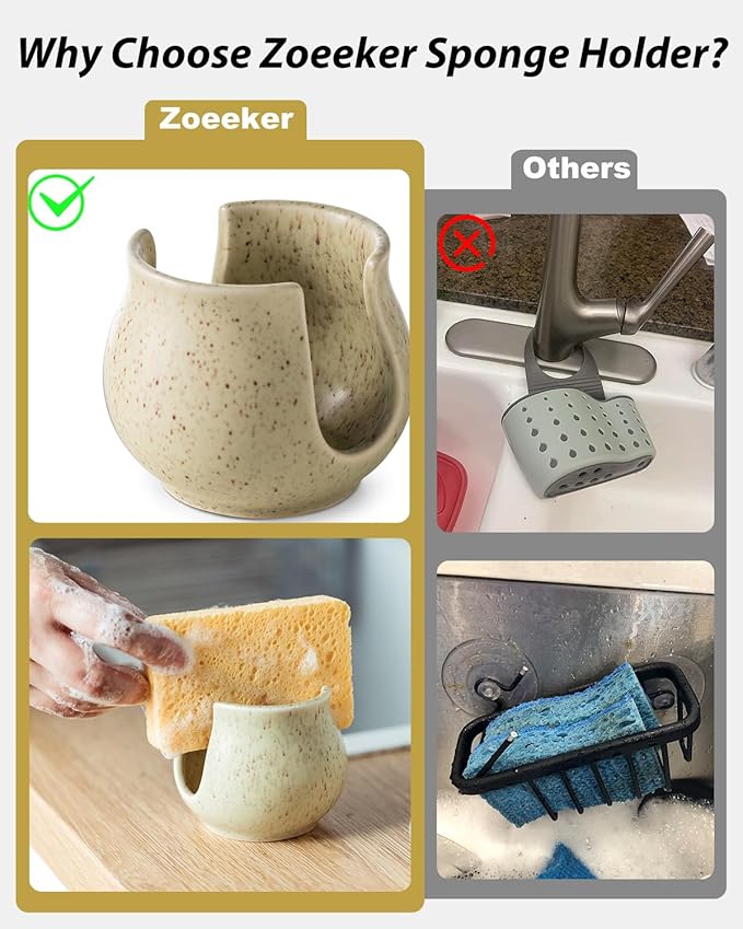 Zoeeker Ceramic Dish Sponge Holder, Sponge Caddy for Kitchen Sink Brush Organizer Scrub Dish Rack for Scrubbers, Bathroom, Sink, Yellow