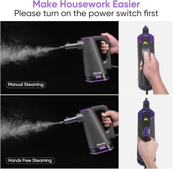 Seyola Steam Mop Cleaner for Hardwood Floor Cleaning, Hands-free Steamer Cleaner Handheld with 9-in-1 Multi-purpose Attachments for Bathroom, Windows, Sofas, Clothes, Tiles Grout (Purple-Grey)