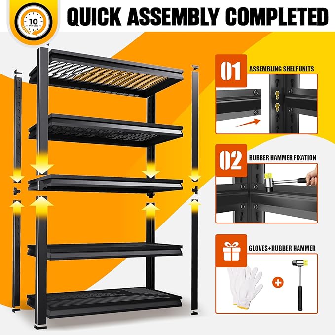PKDYEZ Garage Shelving 5-Tier Adjustable Metal Garage Shelves Heavy Duty Unit,3000 LBS Steel Shelf Storage Rack Suitable for Industries,Warehouses,Basement,Black(Wire-81''H x 45.7''W x 19.7''D)