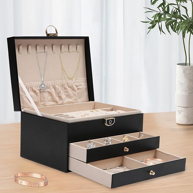 Jewelry Organizer,3 Layers Jewelry Box,Watch Storage Jewelry Case,Jewelry Organizer Pull-Out Drawer Jewelry Storage Case with Lock,Black (Black)