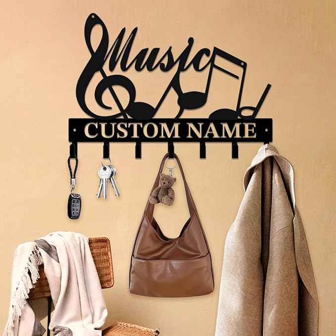 Personalized Custom Music Wall Hooks,Metal Music Room Art Clothes Hooks,Metal Music Wall Home Storage Decorative,For Front Door, Hallway, Kitchen, Bedroom,Keys,Hats (Style J)
