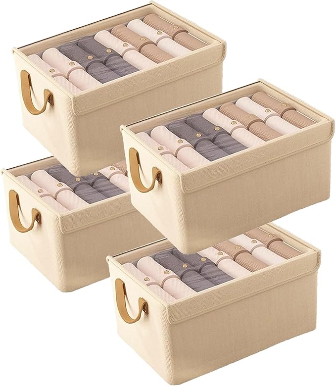 4PCS Foldable Storage Box with Lid - Extra Large Fabric Closet Organizer for Clothes, 18.5x11x7.9 Inch Canvas Bin, Collapsible Design for Bedroom, Shelf, Closet, Underbed (Beige)
