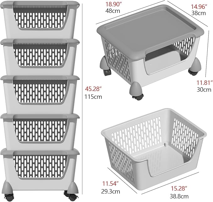 5 Pack Plastic Stackable Storage Bins for Pantry, Open Stacking Storage Basket with Wheels, Gray